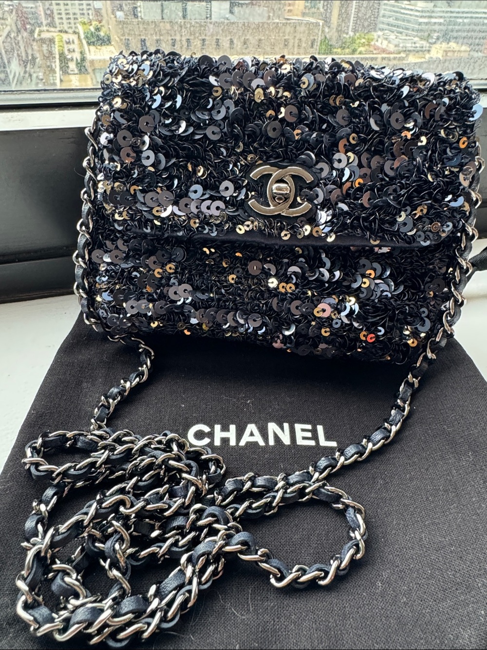 CHANEL Midnight Blue Sequin Mini Flap Crossbody Bag with Silver CC